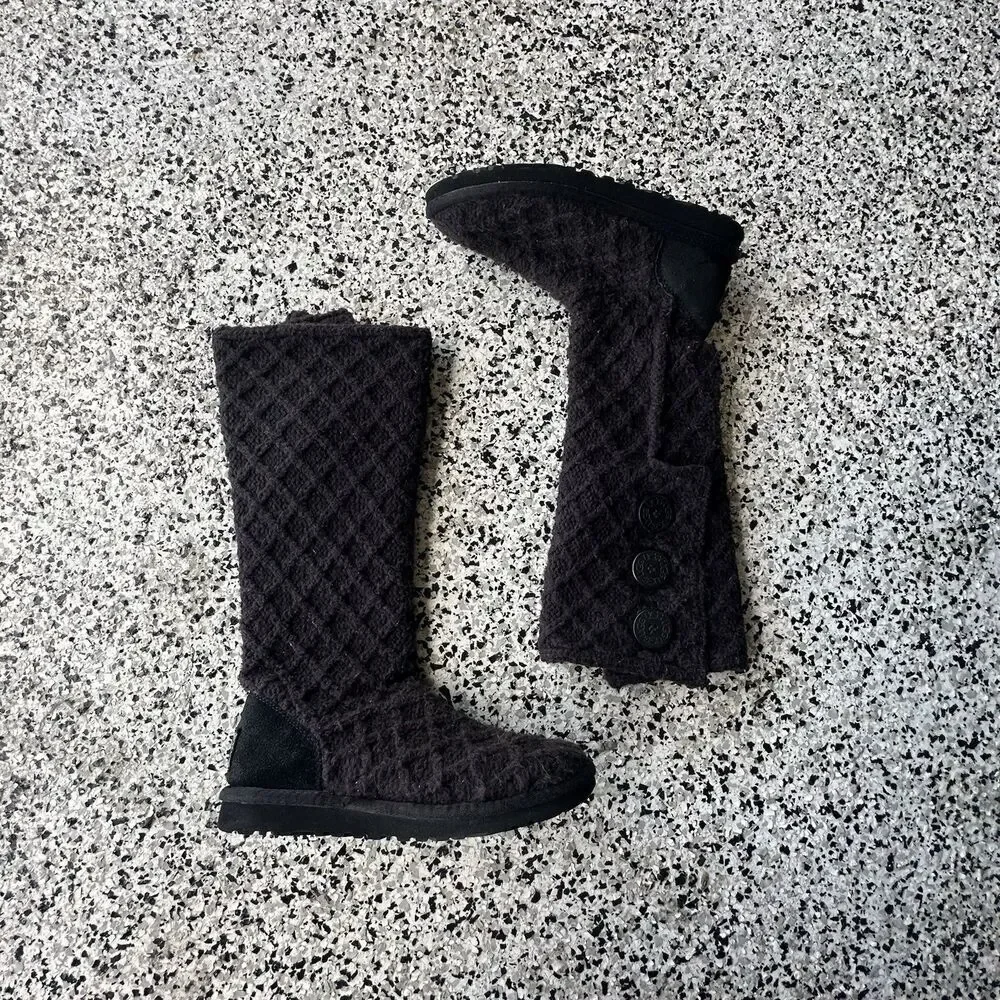 Ugg Boots Lattice Cardy Knit Womens 6 Black Slip On Fold Over Button 3066 Fur